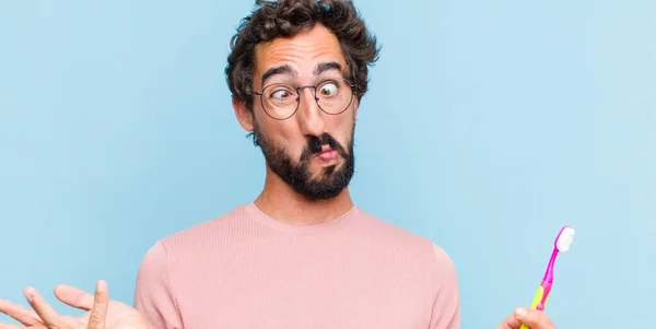 Young Bearded Man Shrugging Dumb Crazy Confused Puzzled Expression Feeling — Stock Photo, Image