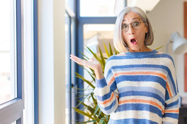 Middle Age Woman Looking Surprised Shocked Jaw Dropped Holding Object — Stock Photo, Image