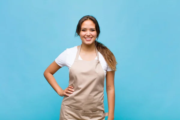 Young Hispanic Woman Smiling Happily Hand Hip Confident Positive Proud — Stock Photo, Image