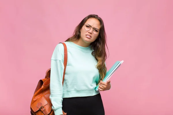 Young Hispanic Woman Feeling Puzzled Confused Dumb Stunned Expression Looking — 스톡 사진