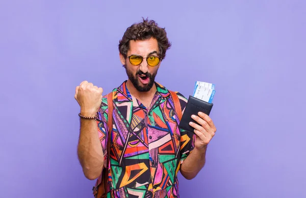 Young Bearded Man Shouting Aggressively Angry Expression Fists Clenched Celebrating — Stock Photo, Image