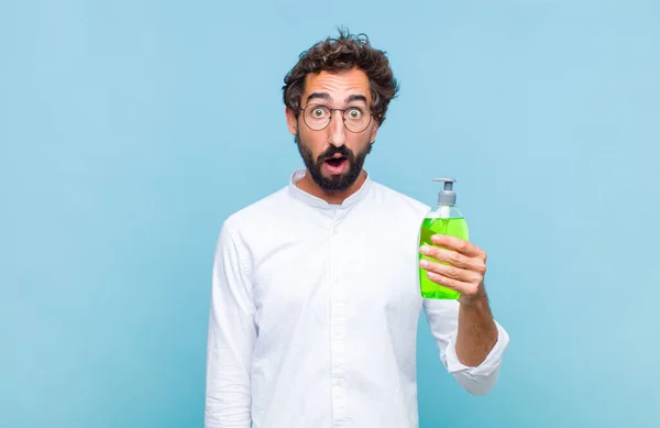 Young Bearded Man Looking Very Shocked Surprised Staring Open Mouth — Stock Photo, Image