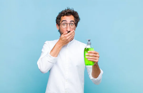 Young Bearded Man Covering Mouth Hands Shocked Surprised Expression Keeping — Stock Photo, Image