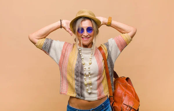 Middle Age Woman Feeling Stressed Worried Anxious Scared Hands Head — Stock Photo, Image