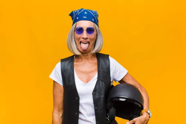 Middle Age Woman Cheerful Carefree Rebellious Attitude Joking Sticking Tongue — Stock Photo, Image