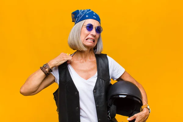 Middle Age Woman Feeling Stressed Anxious Tired Frustrated Pulling Shirt — Stock Photo, Image