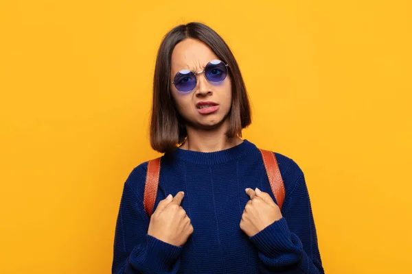 Hispanic Woman Pointing Self Confused Quizzical Look Shocked Surprised Chosen — Stock Photo, Image