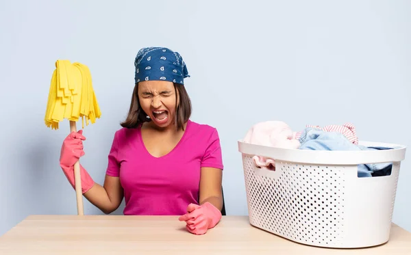 Hispanic Woman Shouting Aggressively Looking Very Angry Frustrated Outraged Annoyed — Stock Photo, Image