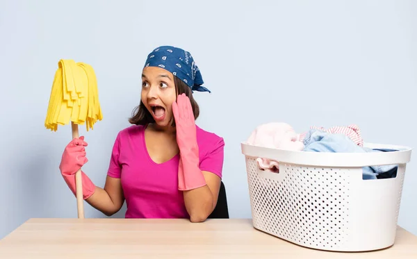 Hispanic Woman Feeling Happy Excited Surprised Looking Side Both Hands — Stock Photo, Image