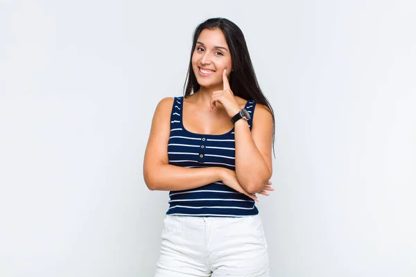 Young Woman Looking Happy Smiling Hand Chin Wondering Asking Question — Stock Photo, Image