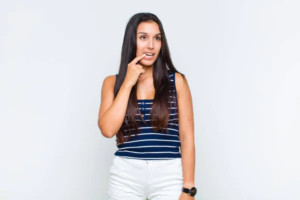 Young Woman Surprised Nervous Worried Frightened Look Looking Side Copy — Stock Photo, Image