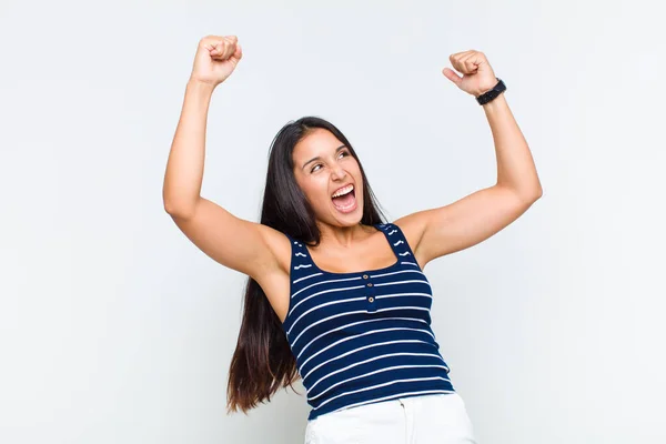 Young Woman Shouting Triumphantly Looking Excited Happy Surprised Winner Celebrating — Stock Photo, Image