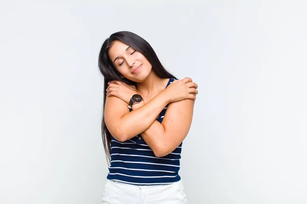 Young Woman Feeling Love Smiling Cuddling Hugging Self Staying Single — Stock Photo, Image