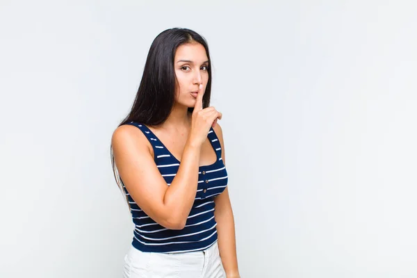 Young Woman Asking Silence Quiet Gesturing Finger Front Mouth Saying — Stock Photo, Image