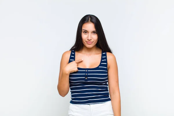 Young Woman Looking Proud Confident Happy Smiling Pointing Self Making — Stock Photo, Image