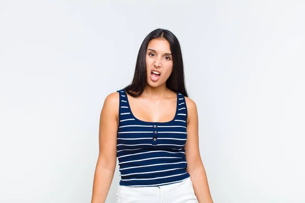 Young Woman Feeling Puzzled Confused Dumb Stunned Expression Looking Something — Stockfoto