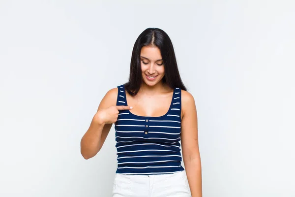 Young Woman Smiling Cheerfully Casually Looking Downwards Pointing Chest — Stock Photo, Image