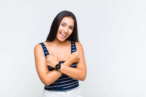 Young Woman Smiling Cheerfully Celebrating Fists Clenched Arms Crossed Feeling — Stock Photo, Image
