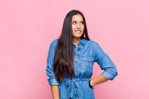 Young Woman Doubting Thinking Biting Lip Feeling Insecure Nervous Looking — Stock Photo, Image