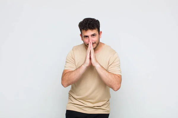 Young Man Feeling Worried Hopeful Religious Praying Faithfully Palms Pressed — Stock Photo, Image