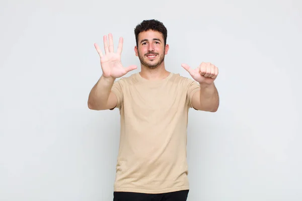 Young Man Smiling Looking Friendly Showing Number Six Sixth Hand — Stock Photo, Image