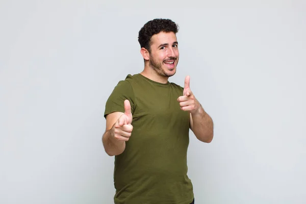 Young Man Smiling Positive Successful Happy Attitude Pointing Camera Making — Stock Photo, Image
