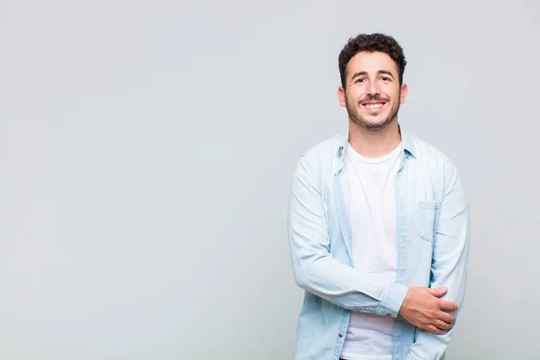 Young Man Laughing Shyly Cheerfully Friendly Positive Insecure Attitude — Stock Photo, Image