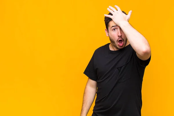 Young Man Raising Palm Forehead Thinking Oops Making Stupid Mistake — Stok fotoğraf