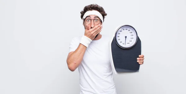 Young Man Covering Mouth Hands Shocked Surprised Expression Keeping Secret — Stock Photo, Image