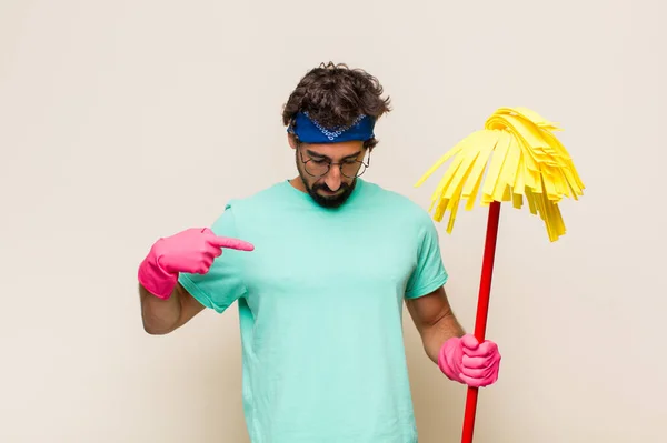 Young Man Smiling Cheerfully Casually Looking Downwards Pointing Chest — Stock Photo, Image