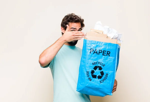 Young Man Covering Face Both Hands Saying Camera Refusing Pictures — Stock Photo, Image