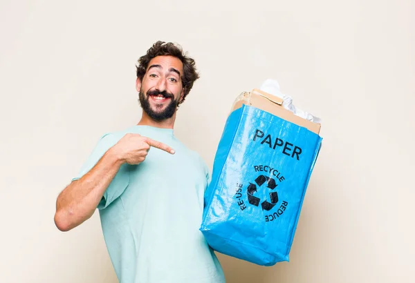 Young Man Smiling Cheerfully Pointing Copy Space Palm Side Showing — Stock Photo, Image