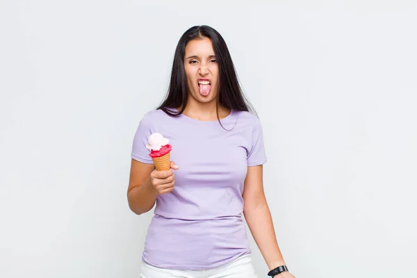 Pretty Woman Feeling Disgusted Irritated Sticking Tongue Out Disliking Something — Stock Photo, Image