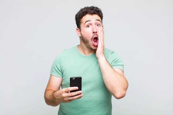 Young Man Feeling Shocked Scared Looking Terrified Open Mouth Hands — Stock Photo, Image