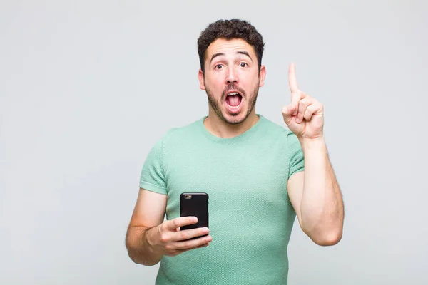 Young Man Feeling Happy Excited Genius Realizing Idea Cheerfully Raising — Stock Photo, Image