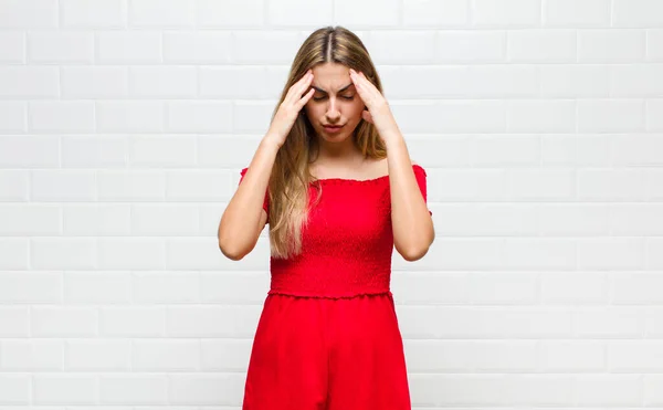 Blonde Woman Looking Stressed Frustrated Working Pressure Headache Troubled Problems — Stock Photo, Image