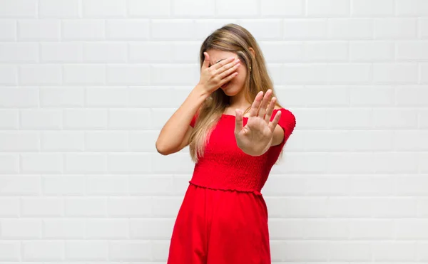 Blonde Woman Covering Face Hand Putting Other Hand Front Stop — Stock Photo, Image