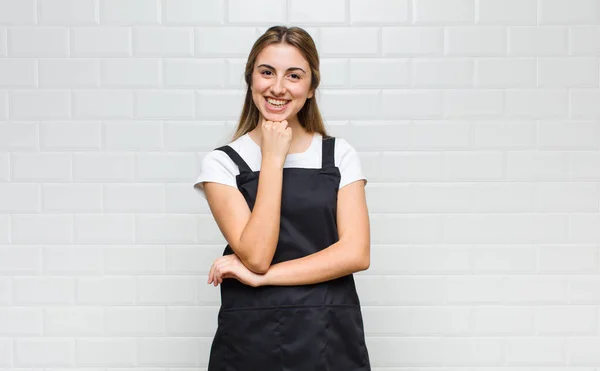 Blonde Woman Looking Happy Smiling Hand Chin Wondering Asking Question — Stock Photo, Image