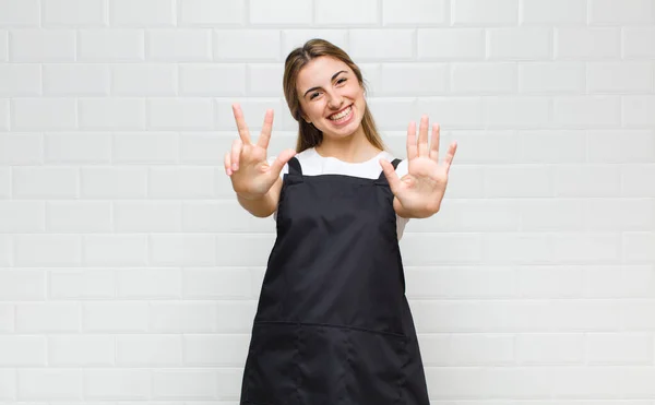 Blonde Woman Smiling Looking Friendly Showing Number Eight Eighth Hand — Stock Photo, Image