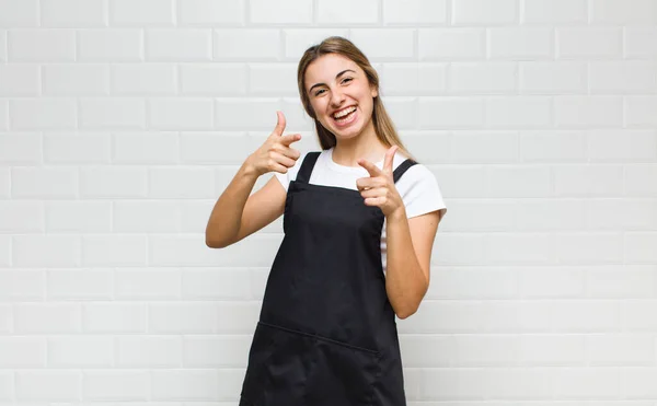 Blonde Woman Smiling Positive Successful Happy Attitude Pointing Camera Making — Stock Photo, Image