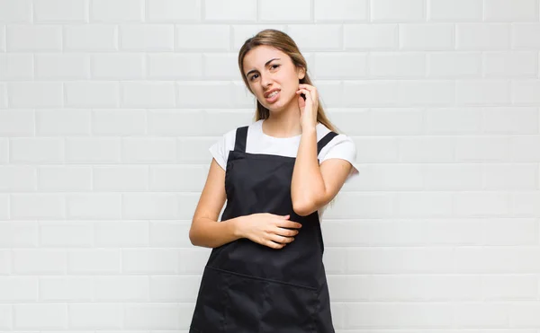 Blonde Woman Feeling Stressed Frustrated Tired Rubbing Painful Neck Worried — Stock Photo, Image