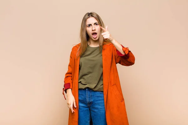 Blonde Woman Pointing Camera Angry Aggressive Expression Looking Furious Crazy — Stock Photo, Image