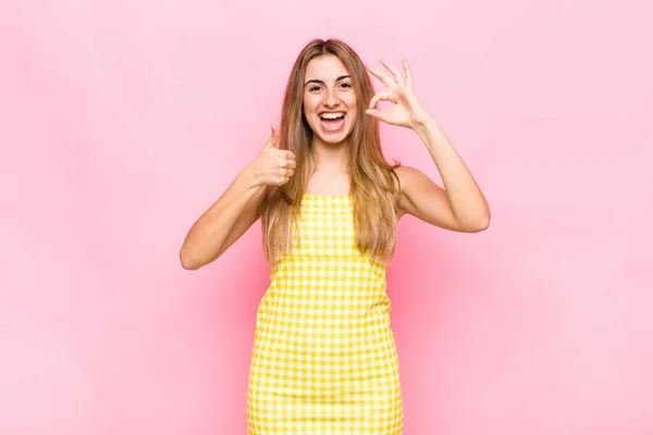 Blonde Woman Feeling Happy Amazed Satisfied Surprised Showing Okay Thumbs — Stock Photo, Image
