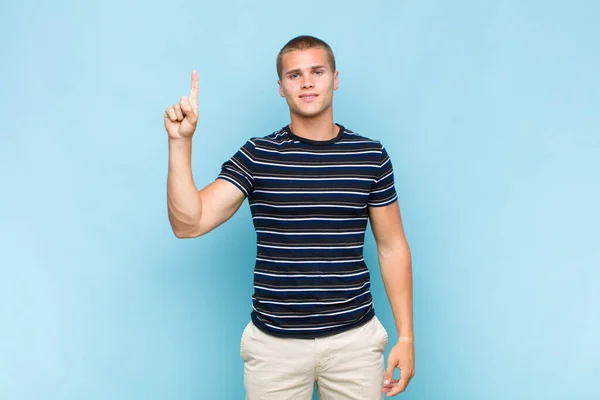 Blonde Man Smiling Cheerfully Happily Pointing Upwards One Hand Copy — Stock Photo, Image