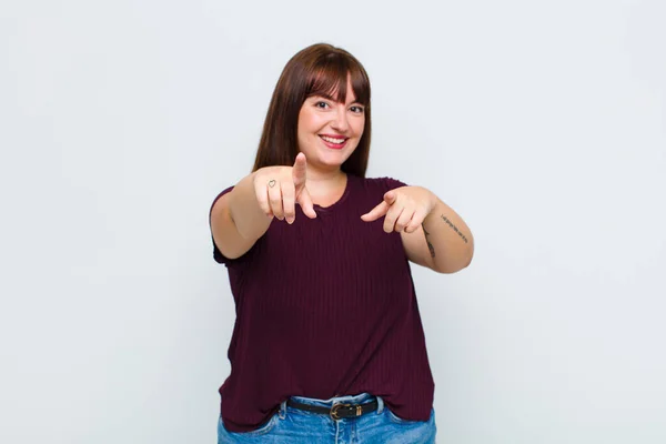 Overweight Woman Feeling Happy Confident Pointing Camera Both Hands Laughing — Stock Photo, Image