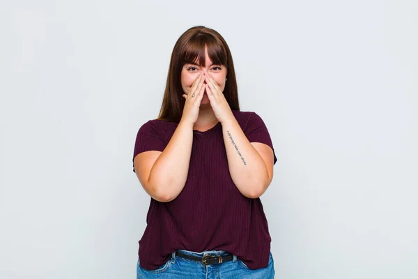 Overweight Woman Looking Happy Cheerful Lucky Surprised Covering Mouth Both — Stock Photo, Image