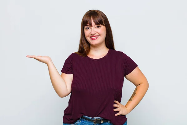 Overweight Woman Smiling Feeling Confident Successful Happy Showing Concept Idea — Stock Photo, Image