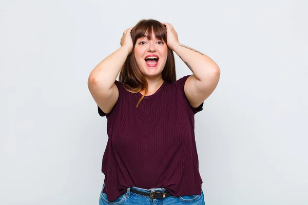 Overweight Woman Raising Hands Head Open Mouthed Feeling Extremely Lucky — Stock Photo, Image
