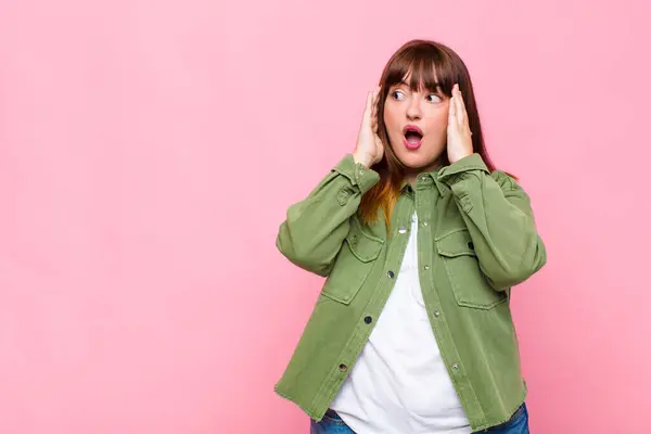 Overweight Woman Feeling Happy Excited Surprised Looking Side Both Hands — Stock Photo, Image