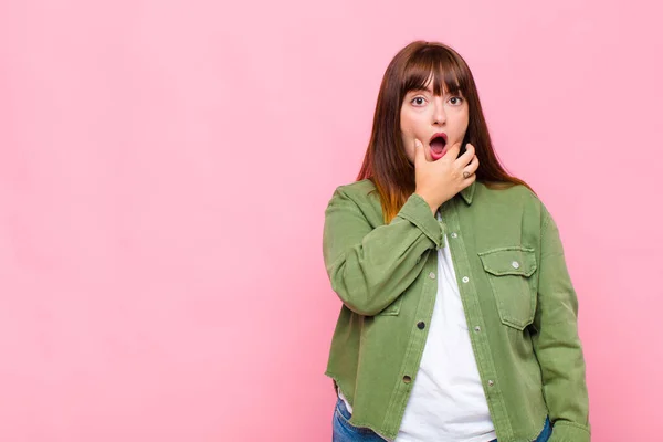 Overweight Woman Mouth Eyes Wide Open Hand Chin Feeling Unpleasantly — Stock Photo, Image